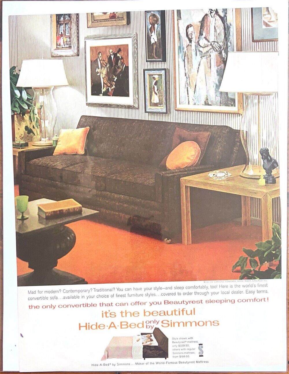 Vintage Print Ad Simmons Hide A Bed 1960s Living Room Home Decor MCM Mod